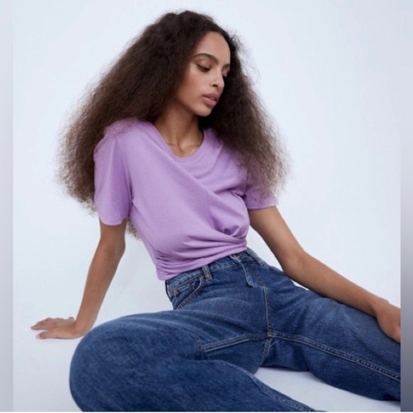 Zara Purple Lilac Knotted Cotton Cropped T-shirt M L - Picture 7 of 7